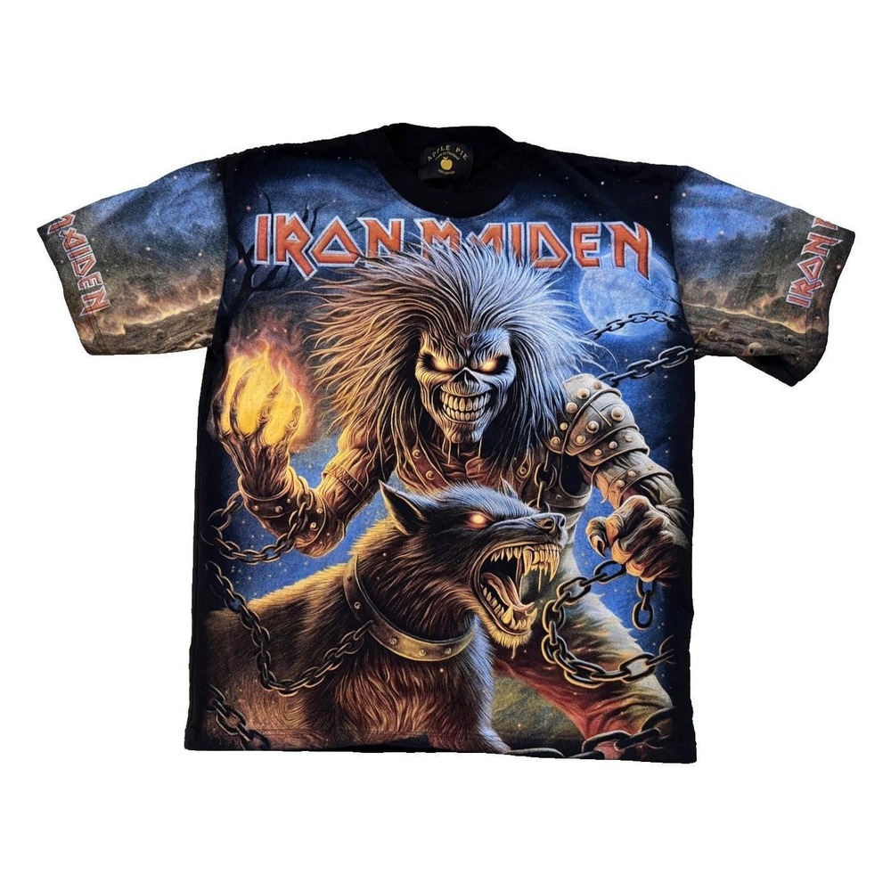 Vintage 90s Iron Maiden AOP Band Tee Men‎ LG Eddie Graphic RARE Apple Pie Tag